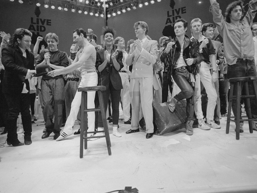 Bono, Paul McCartney, Freddie Mercury, David Bowie, Adam Ant and Bob Geldof, Live Aid, Wembley Stadium, London, 1985