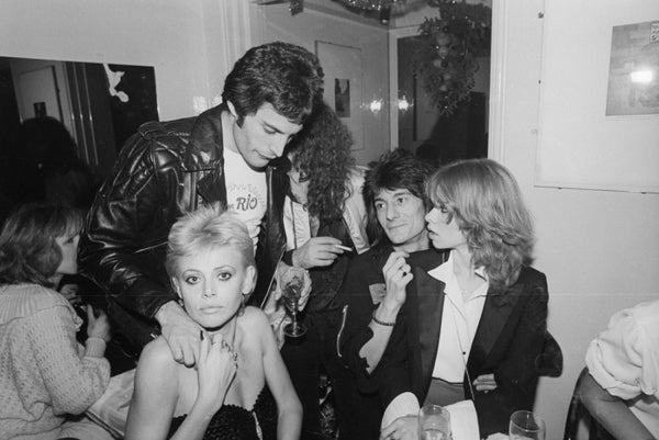 Freddie Mercury, Britt Ekland, Ronnie Wood and Jo Wood, New Year's Eve Party, Maunkberry's, London, 1978
