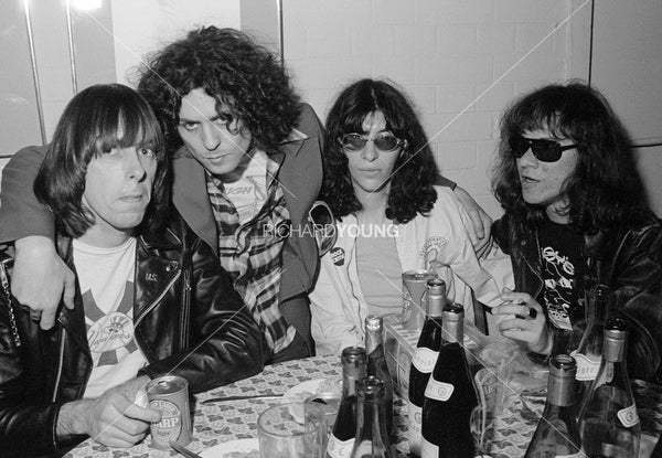 Johnny Ramone, Marc Bolan, Joey Ramone and Tommy Ramone, Ramones Party, London, 1976
