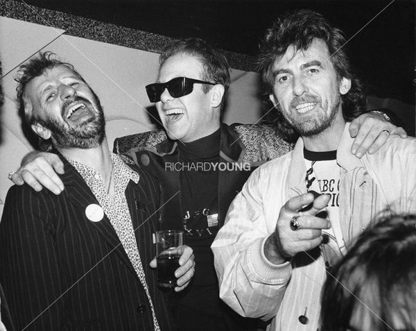 Ringo Starr, Elton John, and George Harrison, London, 1987